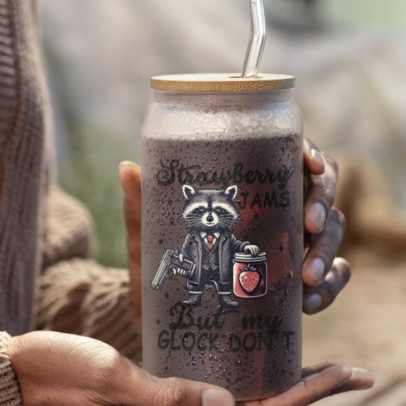 Strawberry Jams, But My Glock Don't Western, Funny Raccoon Cup, Glass Tumbler - Picture 4 of 6